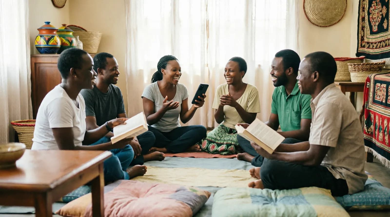 Six friends sitting on cushions in a living room, Bibles open, laughing together