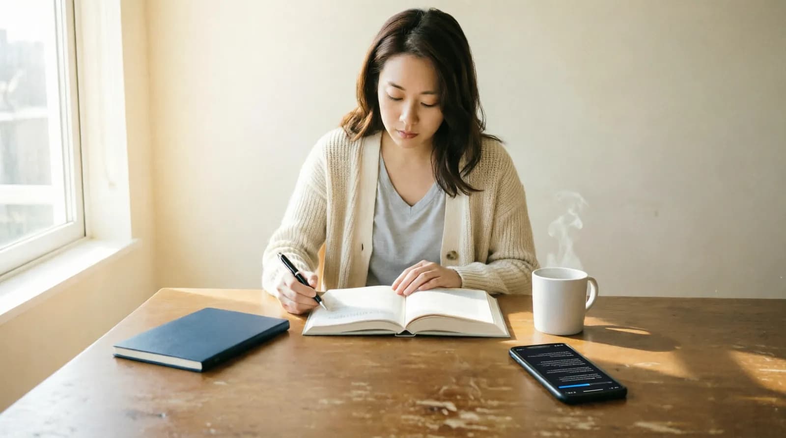 A woman writing in a notebook at a sunlit table, her phone open to a passage beside her